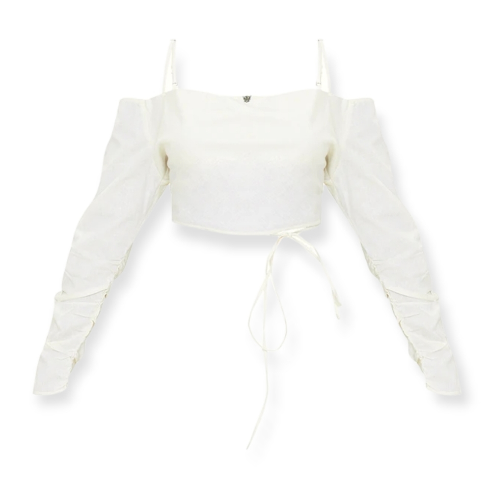 Natural Linen Look Cowl Front Ruched Sleeve Crop Top